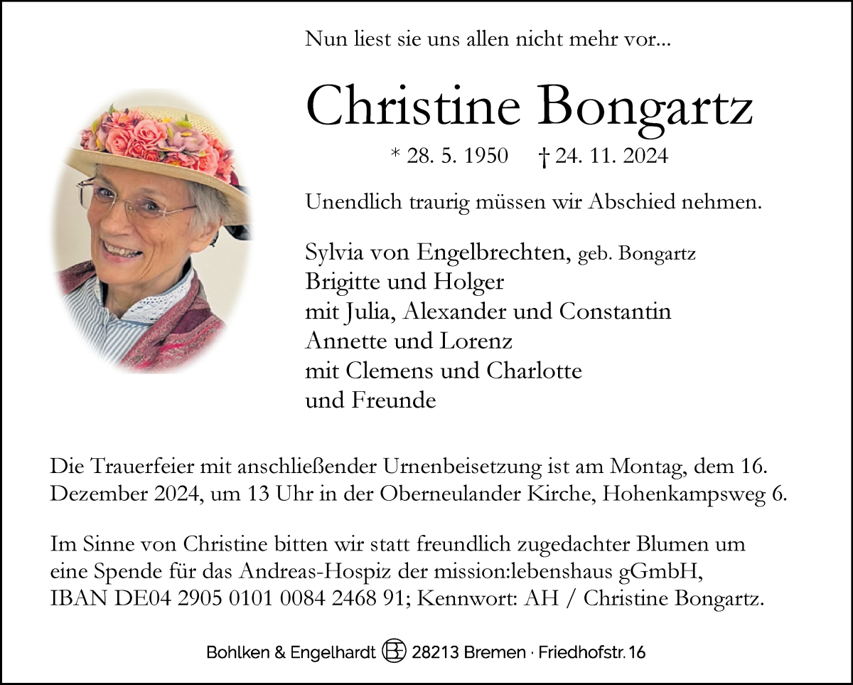 Traueranzeige von Christine Bongartz von WESER-KURIER