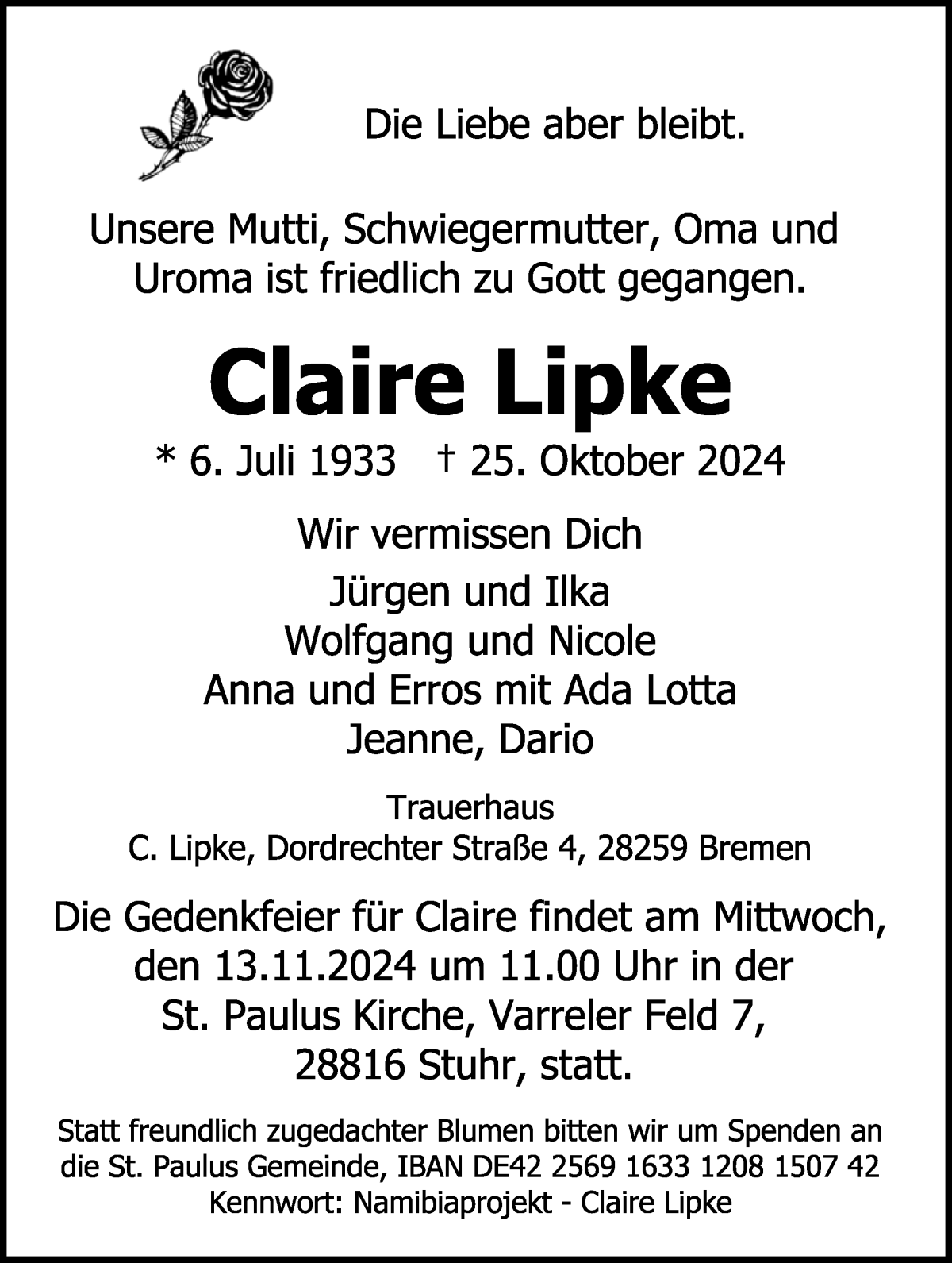 Traueranzeige von Claire Lipke von WESER-KURIER