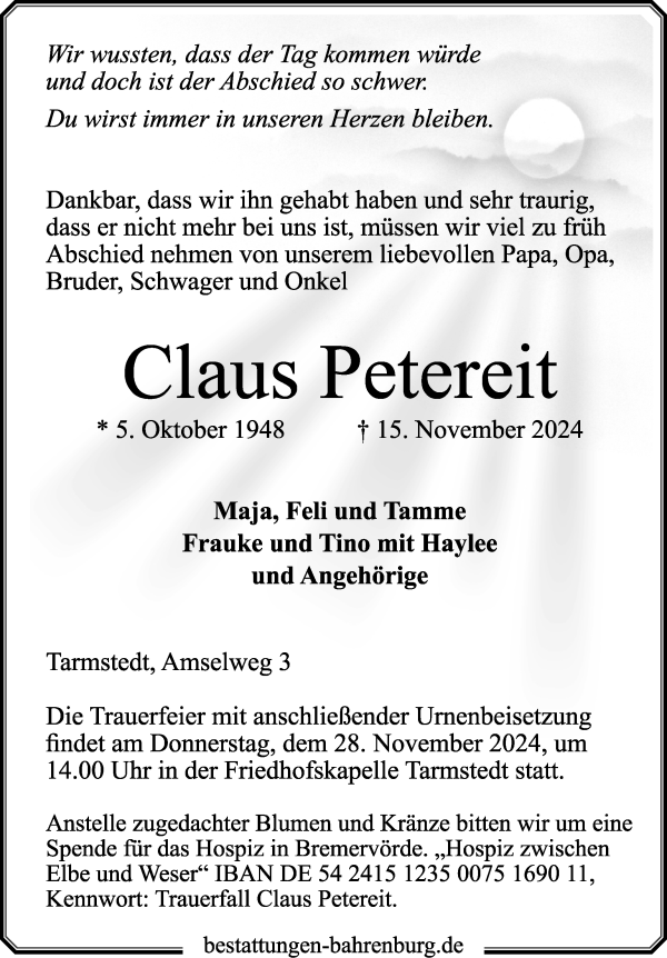 Traueranzeige von Claus Petereit von Wuemme Zeitung