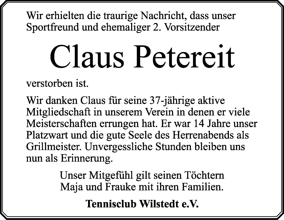 Traueranzeige von Claus Petereit von Wuemme Zeitung