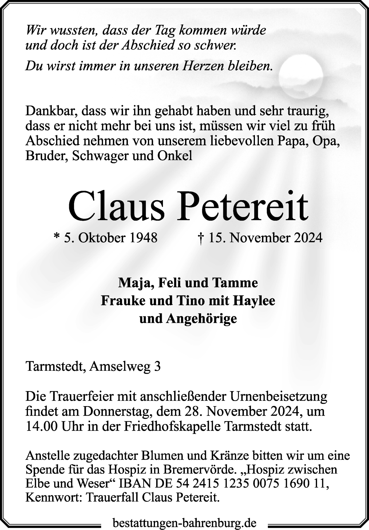 Traueranzeige von Claus Petereit von Wuemme Zeitung