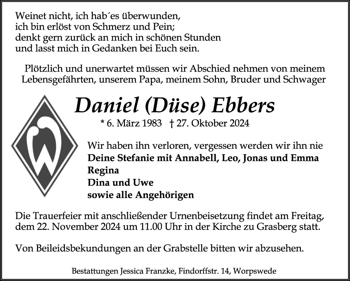 Traueranzeige von Daniel Ebbers von Wuemme Zeitung