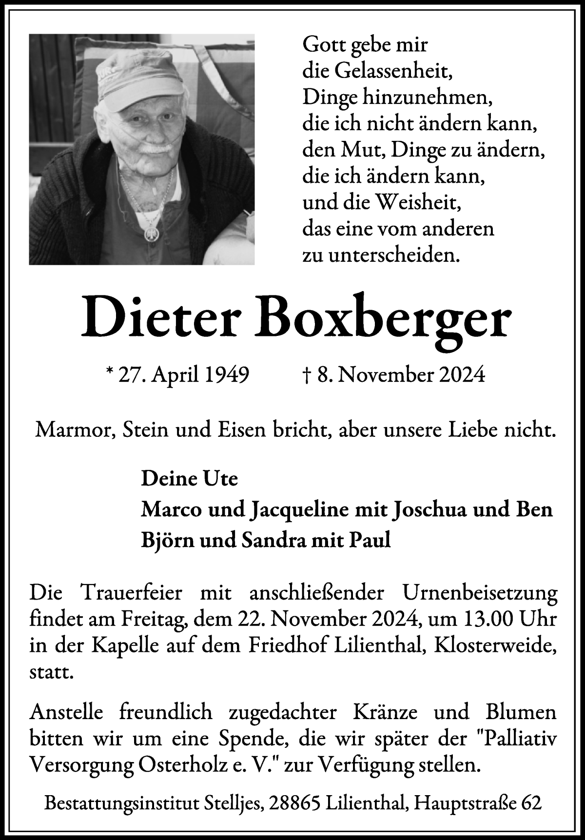 Traueranzeige von Dieter Boxberger von Wuemme Zeitung