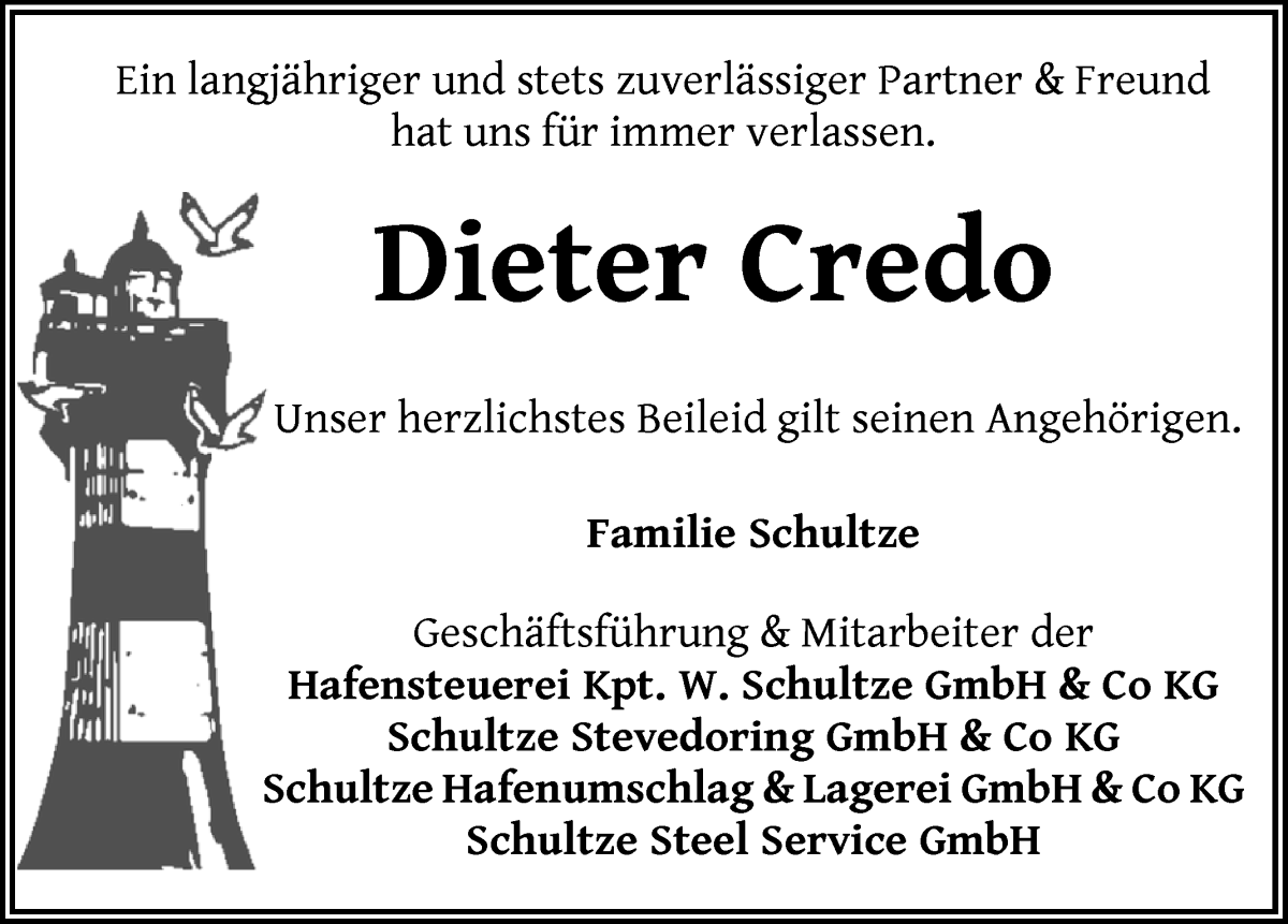 Traueranzeige von Dieter Credo von WESER-KURIER