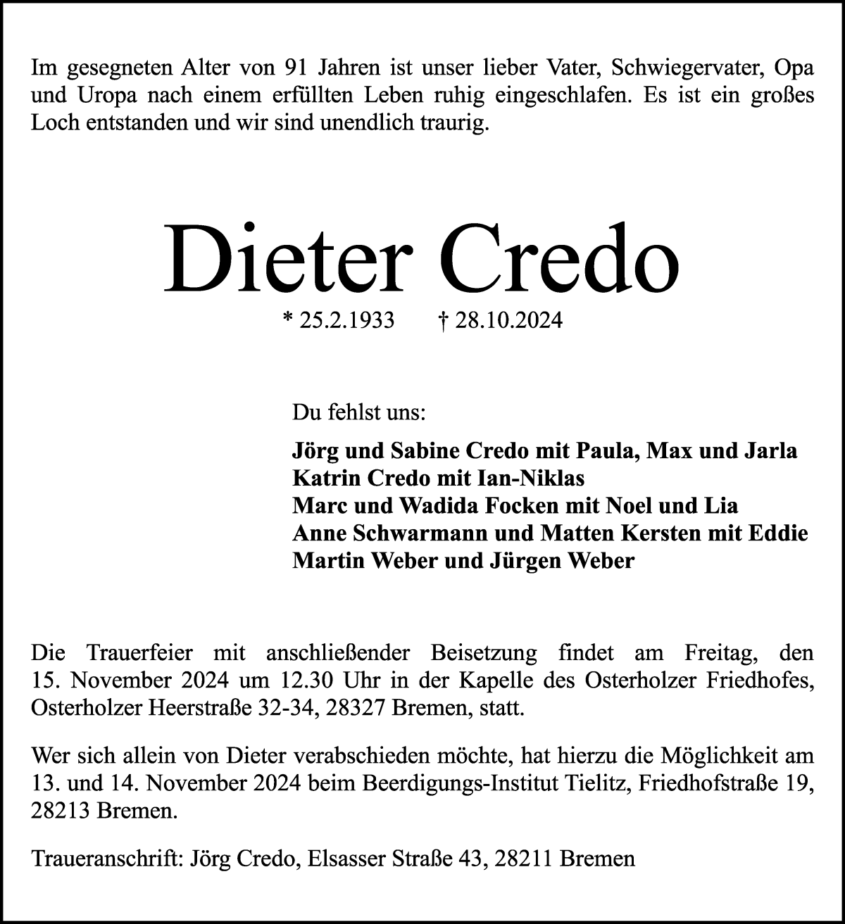 Traueranzeige von Dieter Credo von WESER-KURIER