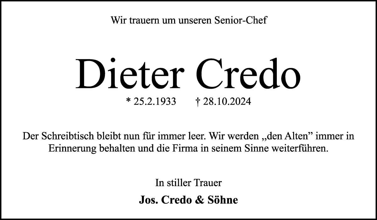 Traueranzeige von Dieter Credo von WESER-KURIER