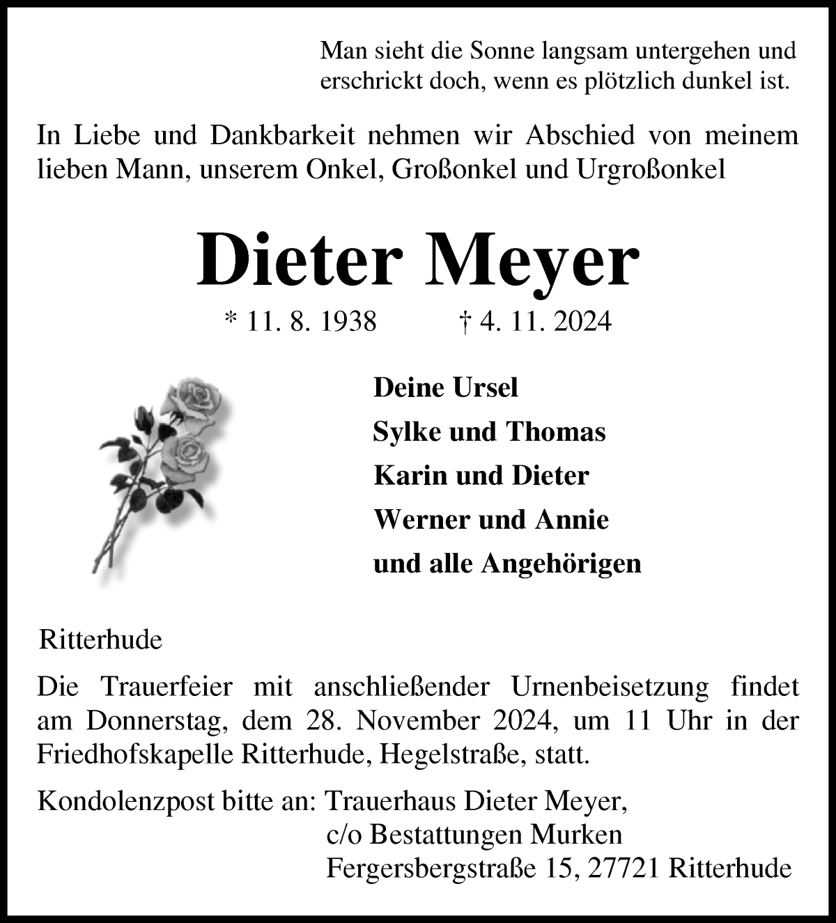 Traueranzeige von Dieter Meyer von Osterholzer Kreisblatt