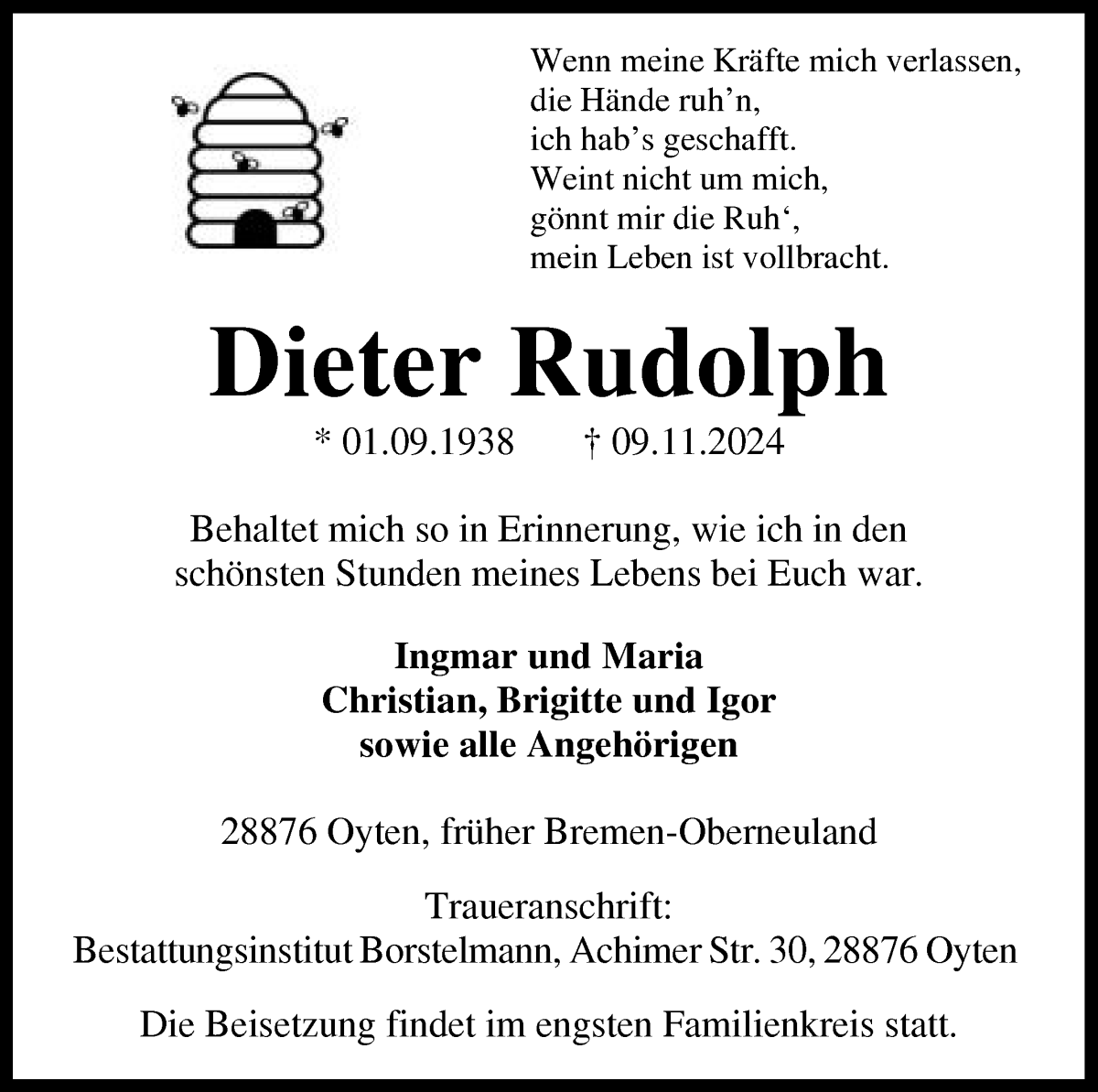 Traueranzeige von Dieter Rudolph von WESER-KURIER