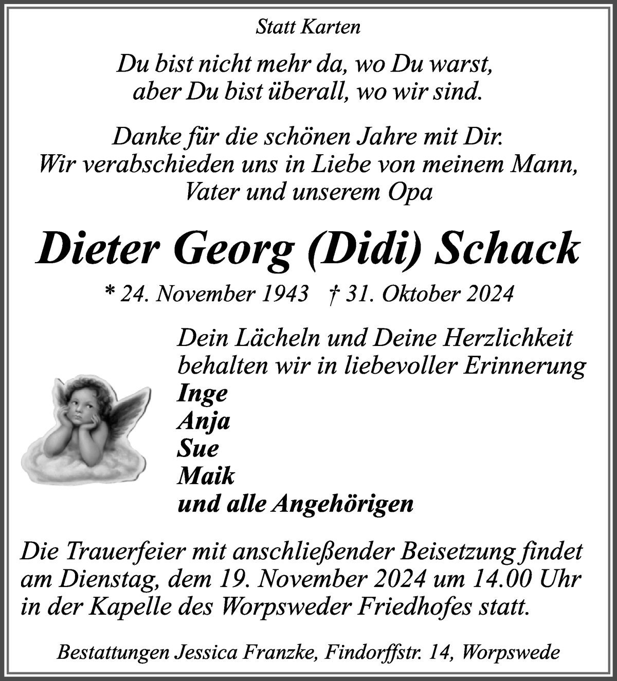 Traueranzeige von Dieter Georg Schack von Wuemme Zeitung