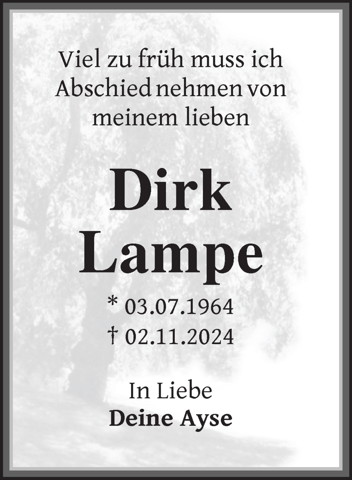 Traueranzeige von Dirk Lampe von WESER-KURIER