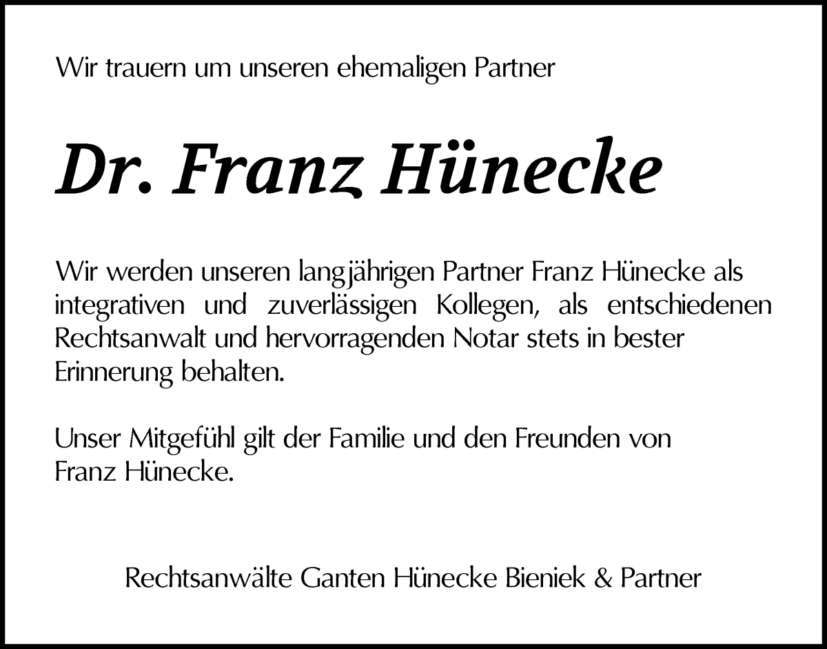 Traueranzeige von Dr. jur. Franz Hünecke von WESER-KURIER