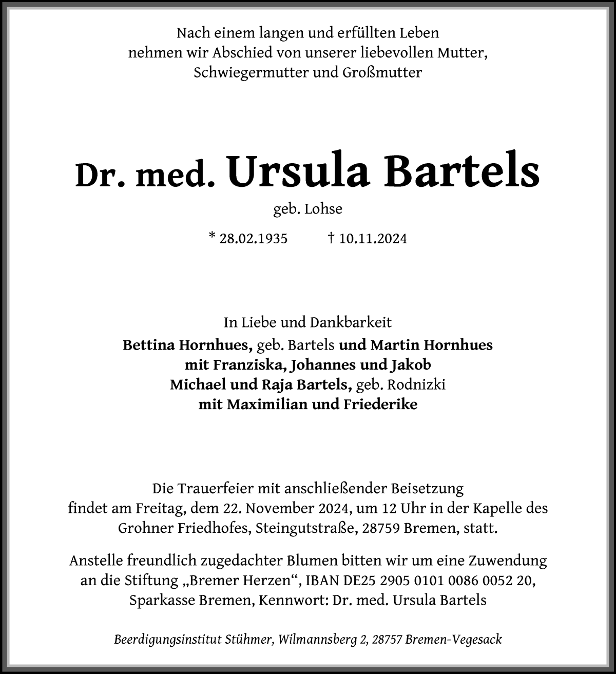 Traueranzeige von Dr. med. Ursula Bartels von WESER-KURIER