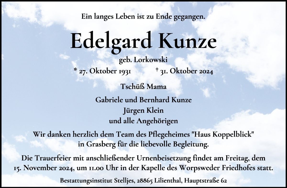 Traueranzeige von Edelgard Kunze von Wuemme Zeitung