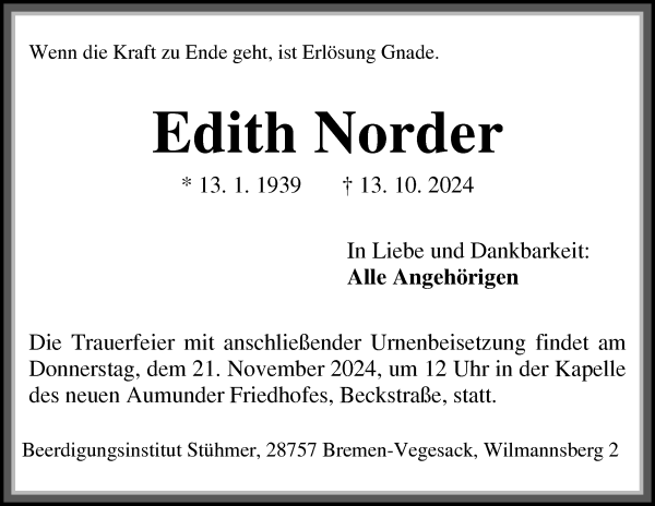 Traueranzeige von Edith Norder von Die Norddeutsche