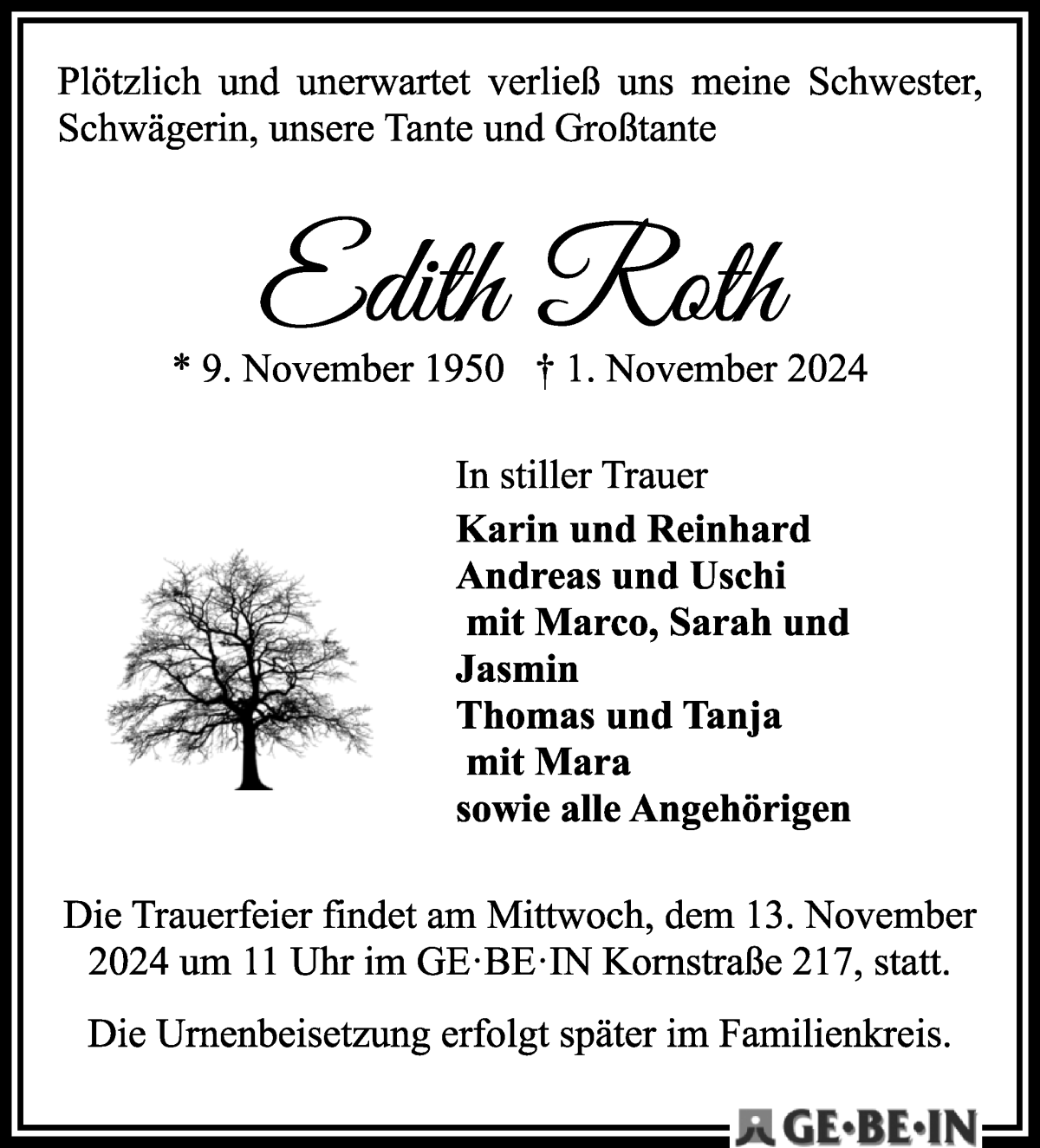 Traueranzeige von Edith Roth von WESER-KURIER