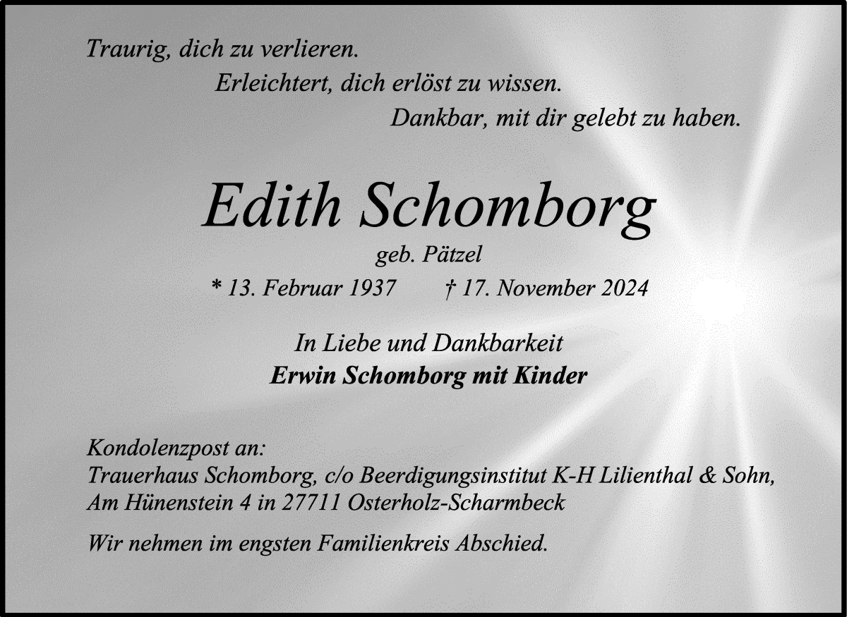 Traueranzeige von Edith Schomburg von Osterholzer Kreisblatt