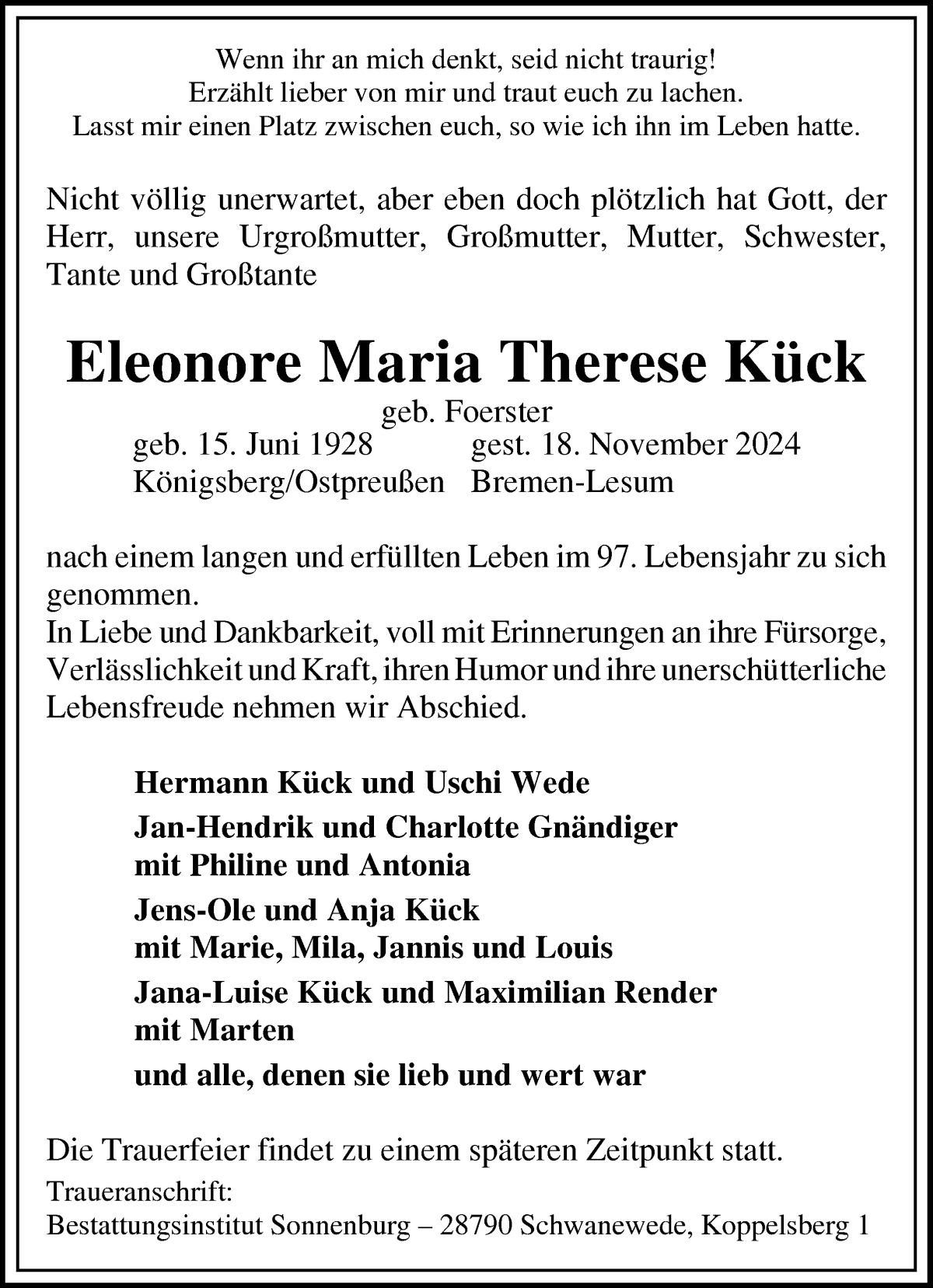 Traueranzeige von Eleonore Maria Therese Kück von Die Norddeutsche