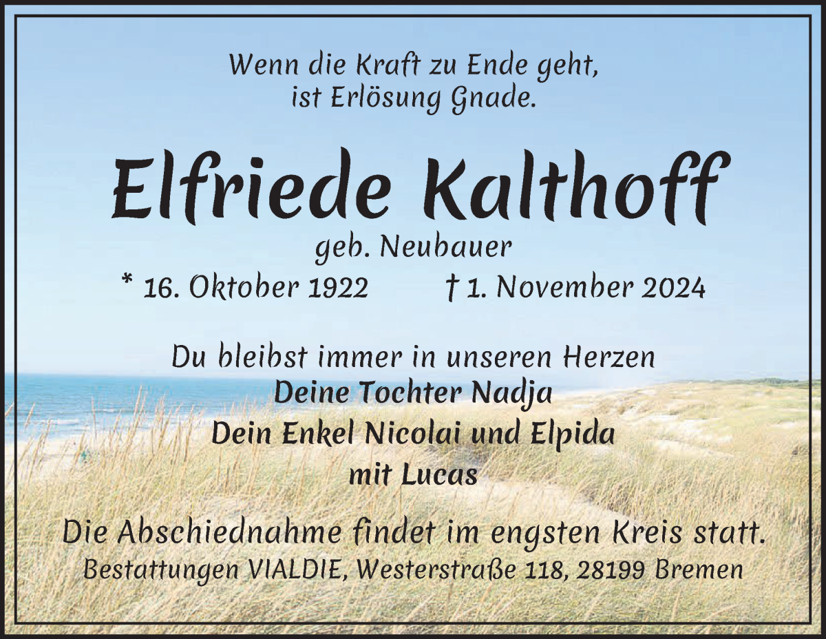 Traueranzeige von Elfriede Kalthoff von Wuemme Zeitung