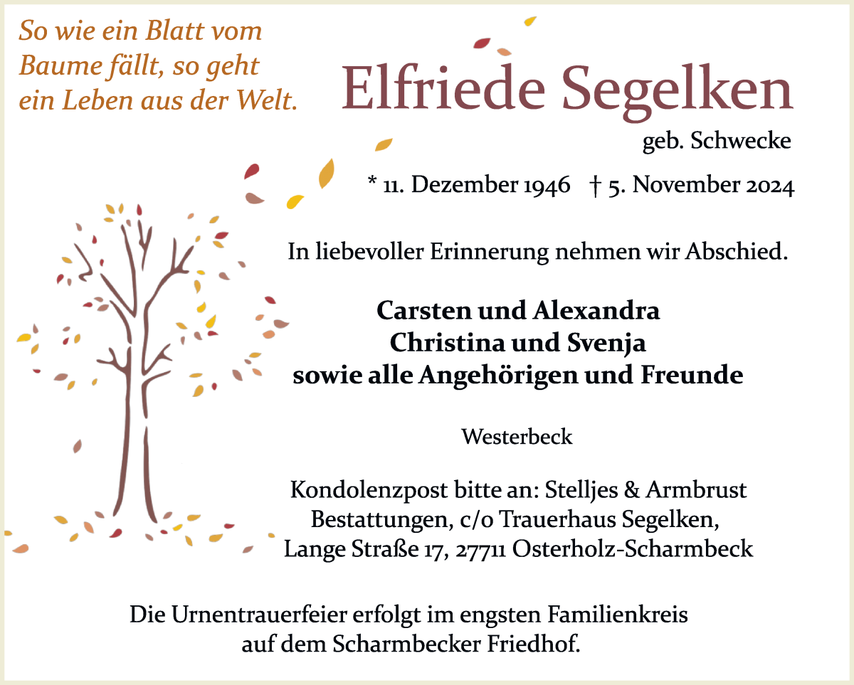 Traueranzeige von Elfriede Segelken von Osterholzer Kreisblatt