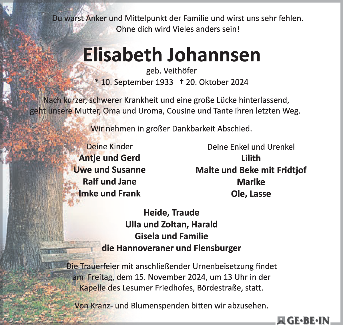 Traueranzeige von Elisabeth Johannsen von Die Norddeutsche