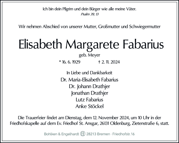 Traueranzeige von Elisabeth Margarete Fabarius von WESER-KURIER