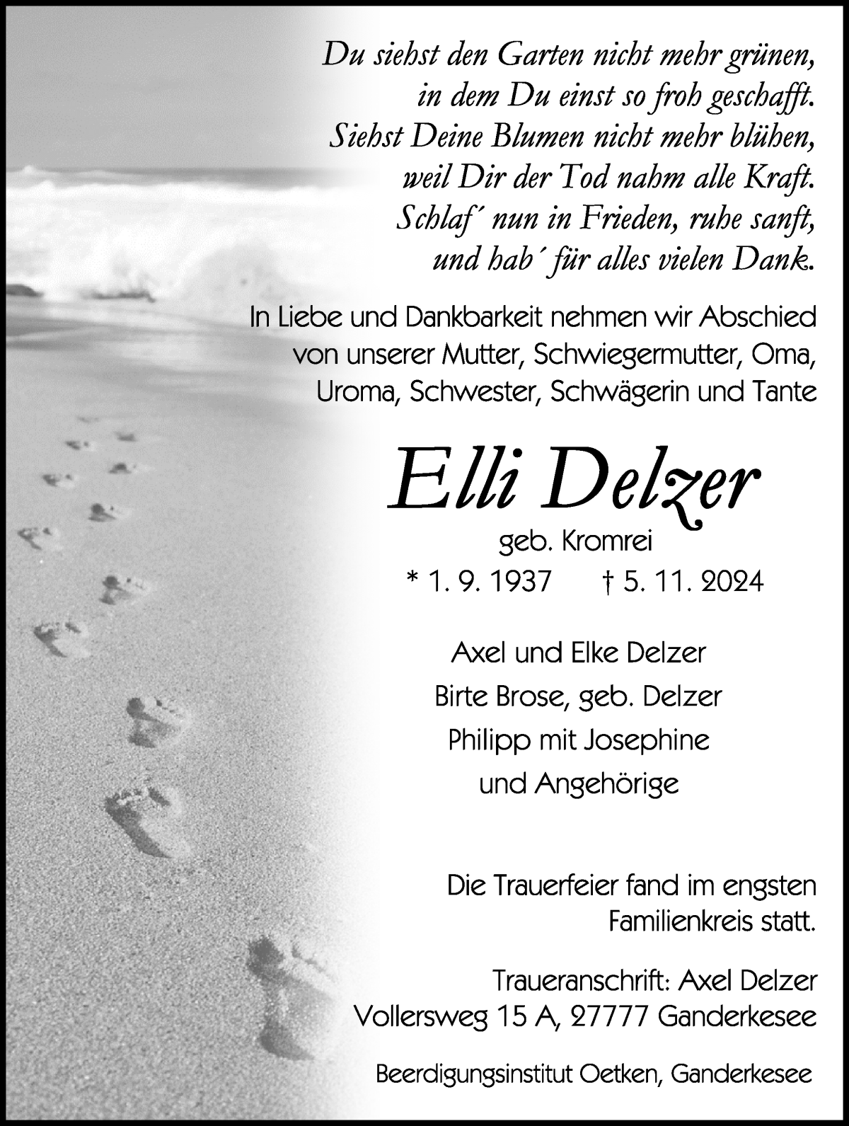 Traueranzeige von Elli Delzer von Die Norddeutsche