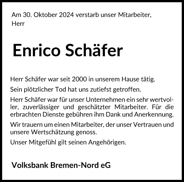 Traueranzeige von Enrico Schäfer von Die Norddeutsche