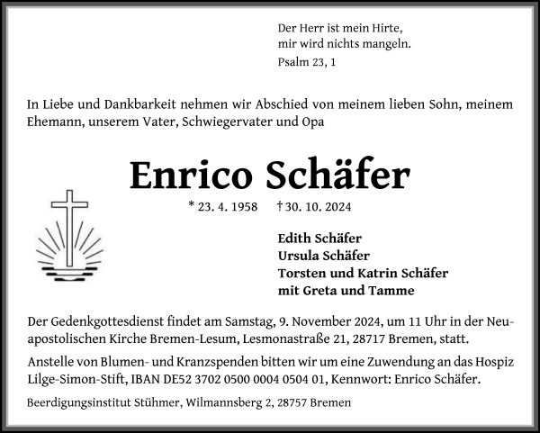 Traueranzeige von Enrico Schäfer von Die Norddeutsche