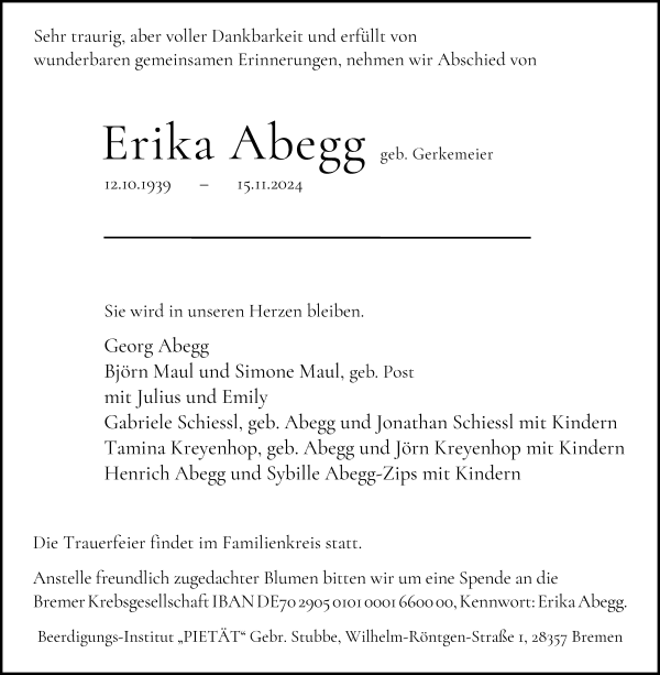 Traueranzeige von Erika Abegg von WESER-KURIER