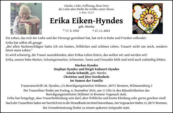 Traueranzeige von Erika Eiken-Hyndes von Die Norddeutsche