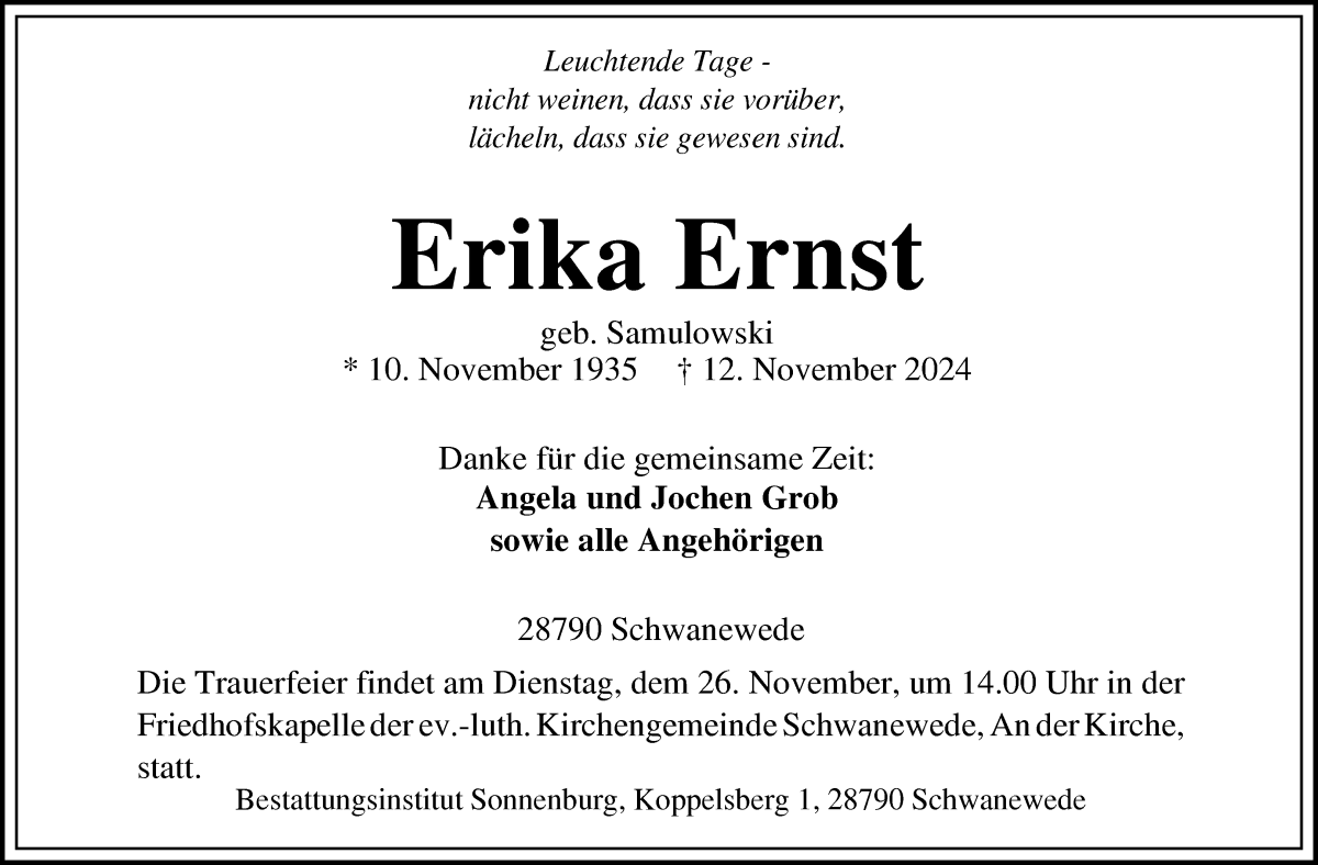 Traueranzeige von Erika Ernst von Die Norddeutsche