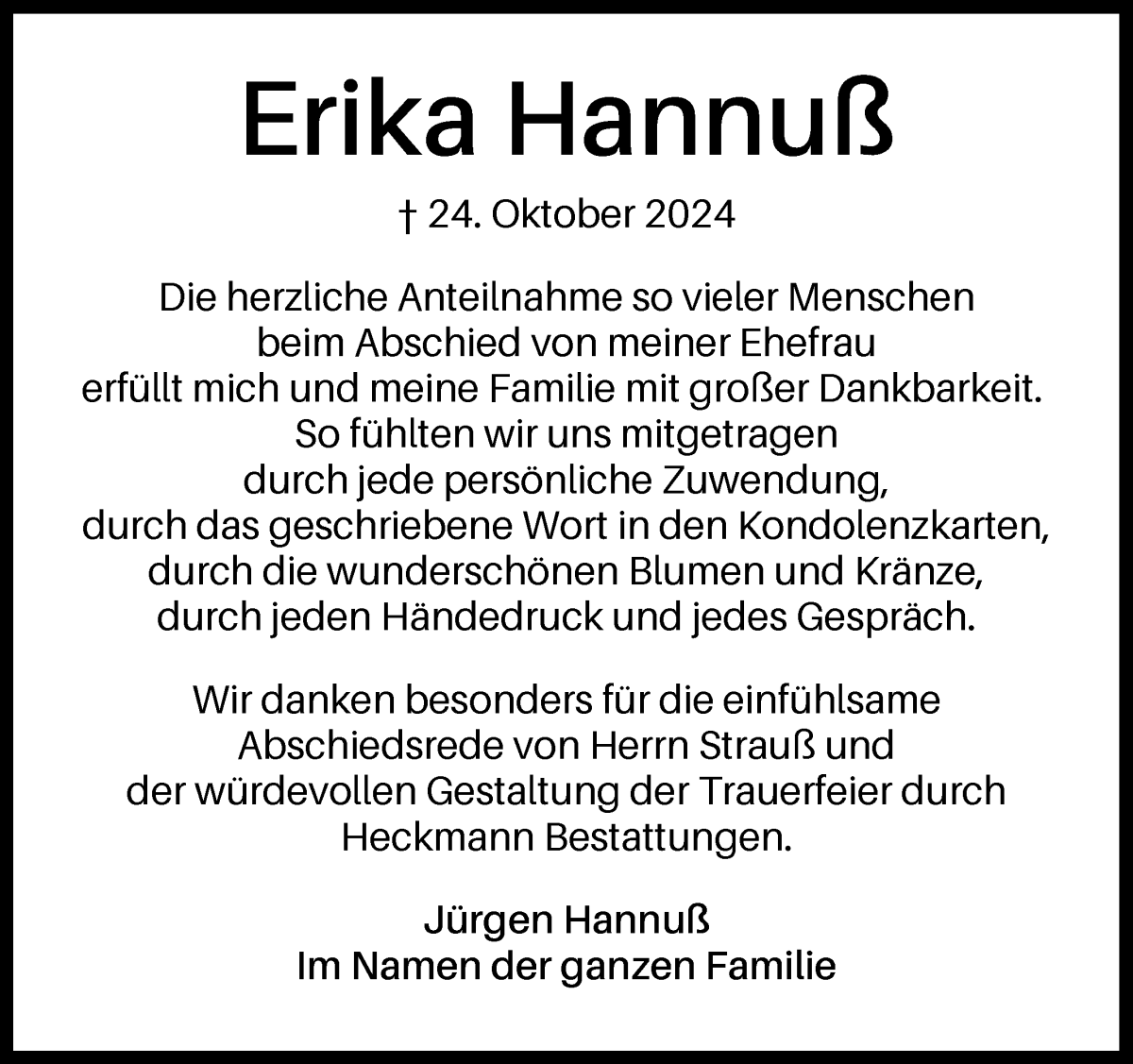 Traueranzeige von Erika Hannuß von WESER-KURIER