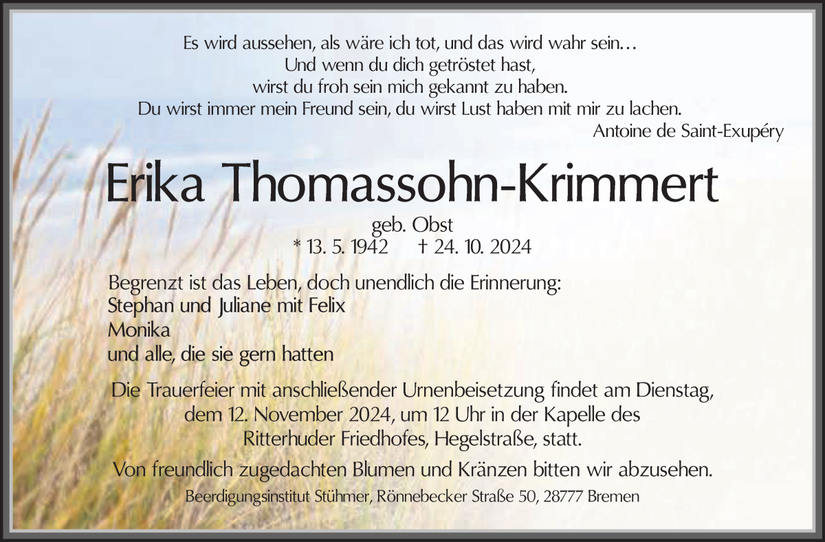 Traueranzeige von Erika Thomassohn-Krimmert von Osterholzer Kreisblatt