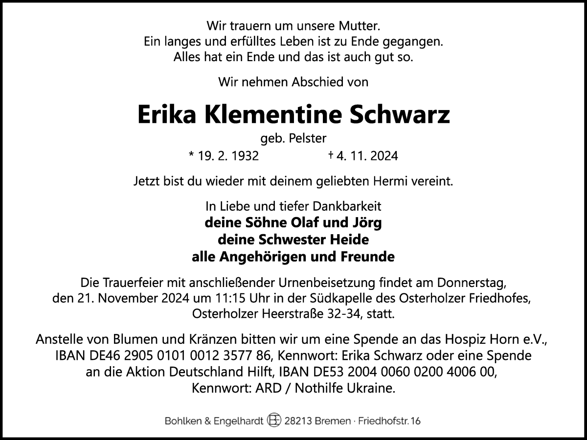 Traueranzeige von Erika Klementine Schwarz von WESER-KURIER