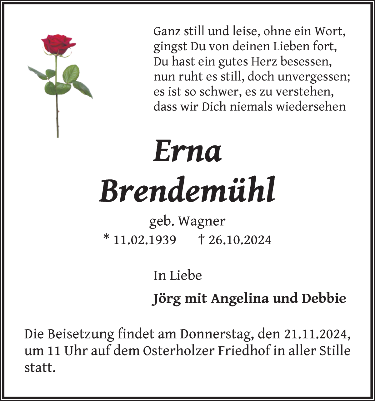 Traueranzeige von Erna Brendemühl von WESER-KURIER