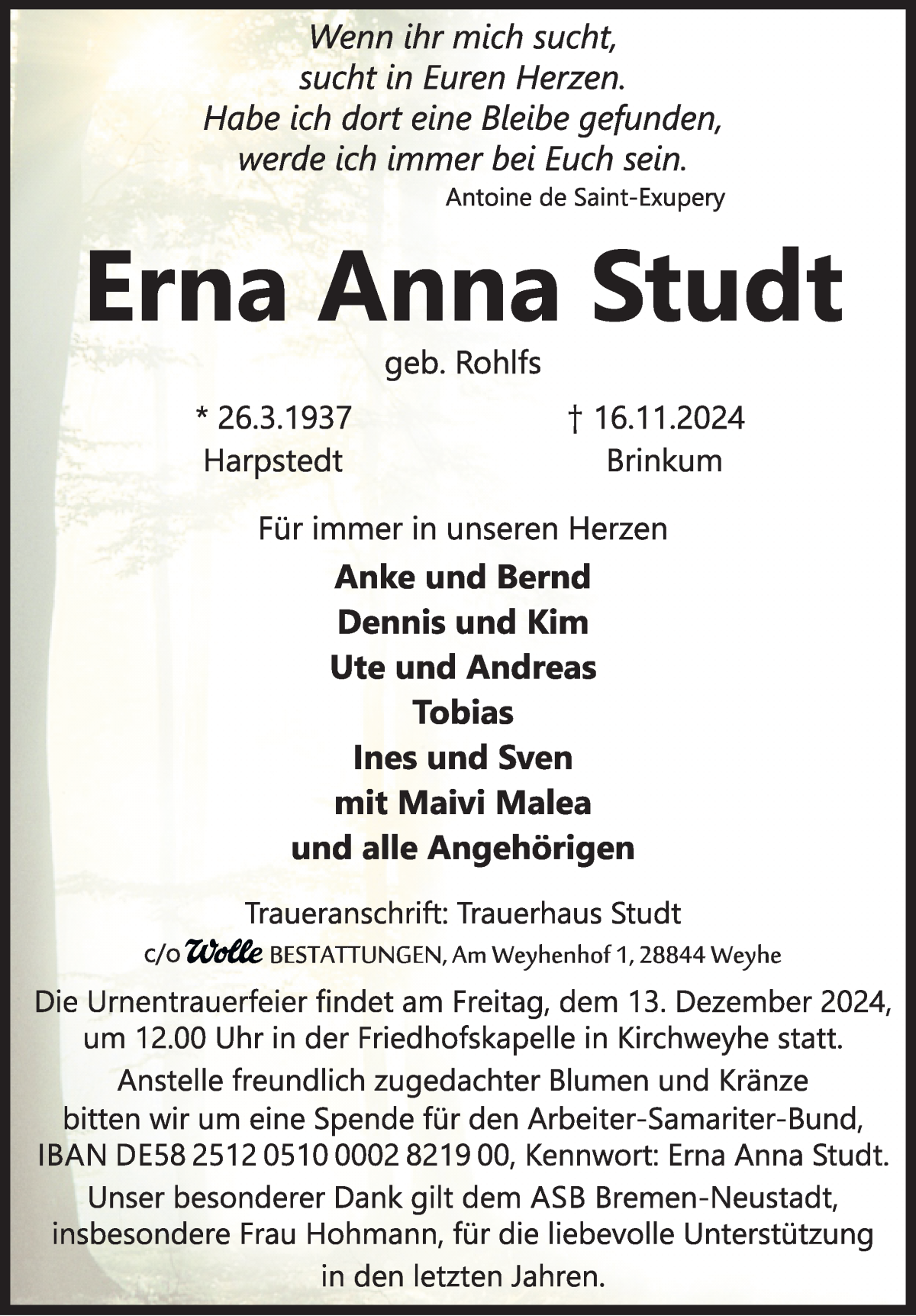 Traueranzeige von Erna Anna Studt von WESER-KURIER