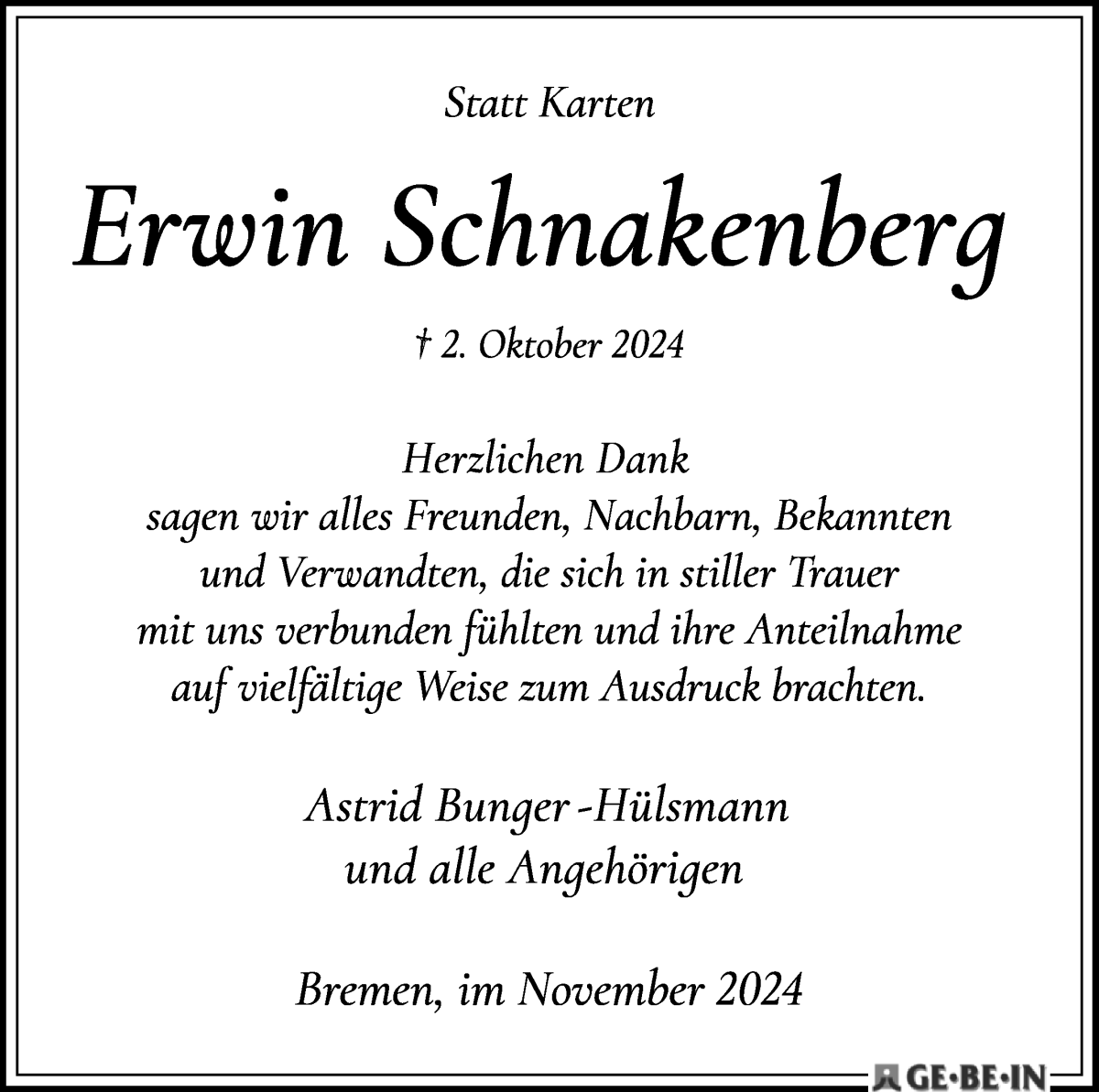 Traueranzeige von Erwin Schnakenberg von WESER-KURIER