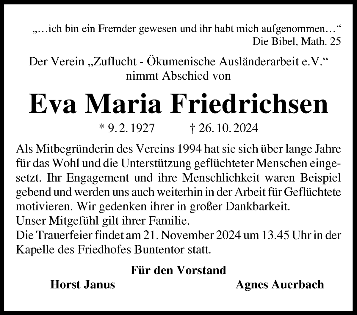 Traueranzeige von Eva Maria Friedrichsen von WESER-KURIER