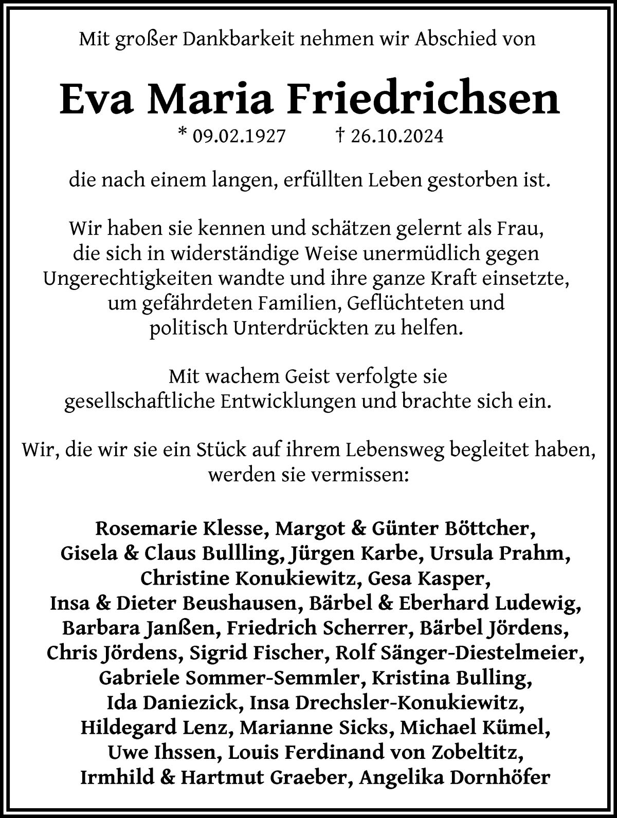 Traueranzeige von Eva Maria Friedrichsen von WESER-KURIER