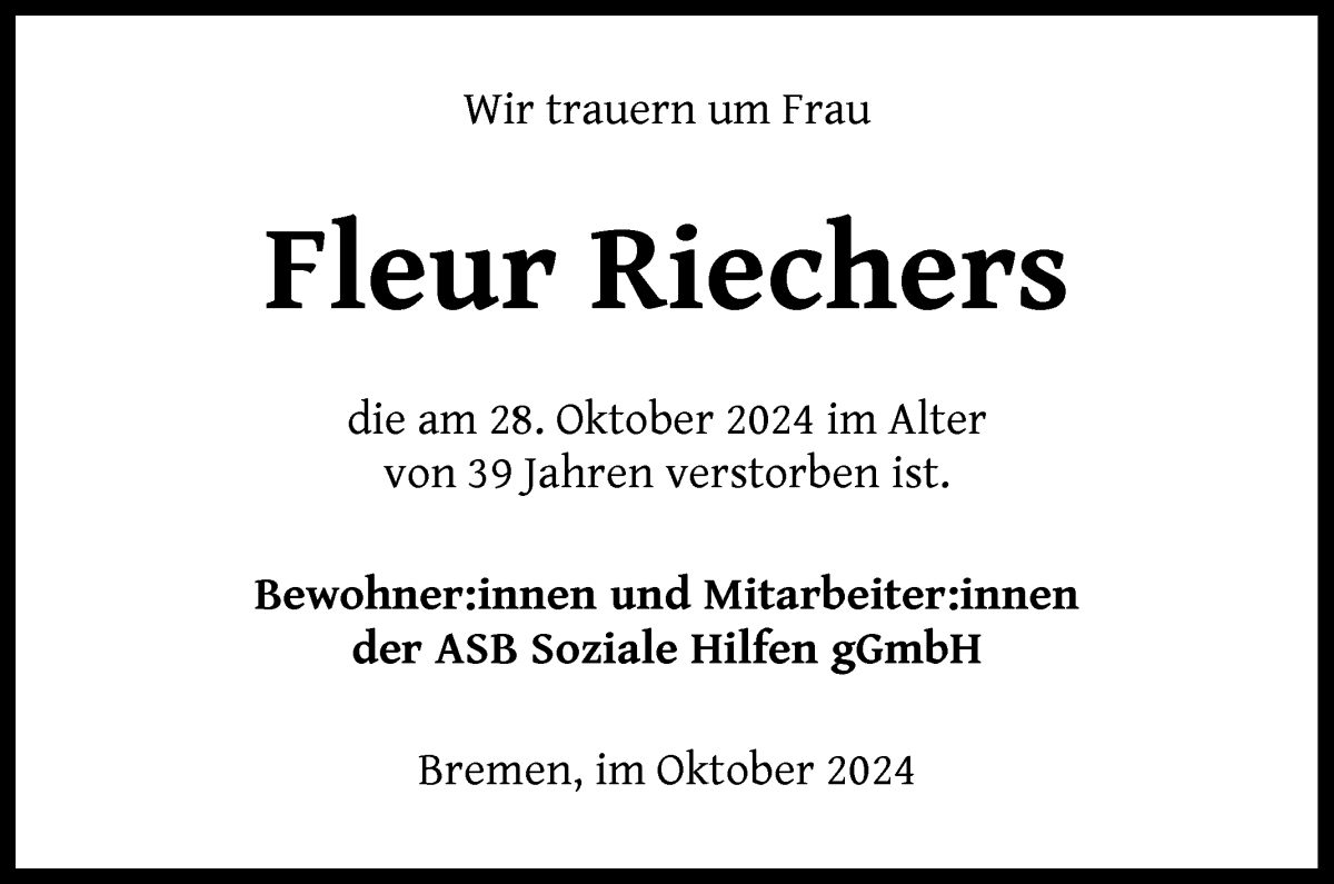 Traueranzeige von Fleur Riechers von WESER-KURIER