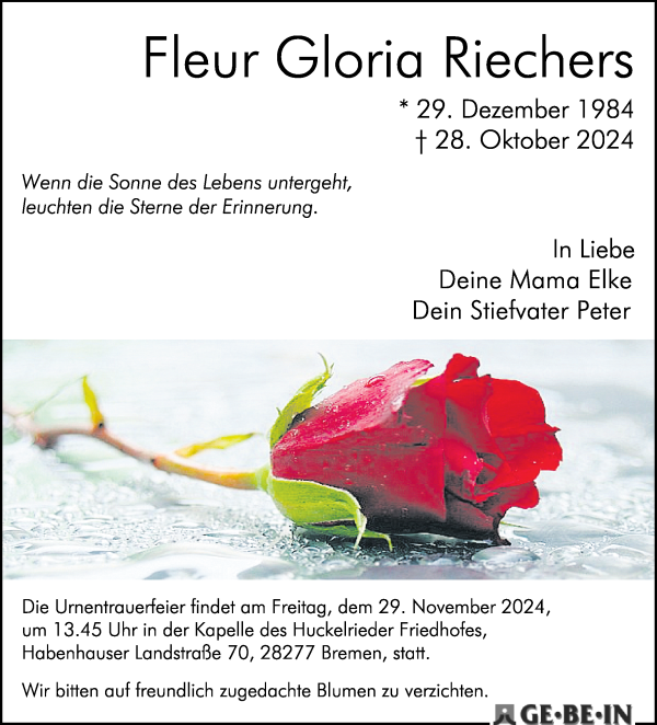 Traueranzeige von Fleur Gloria Riechers von WESER-KURIER