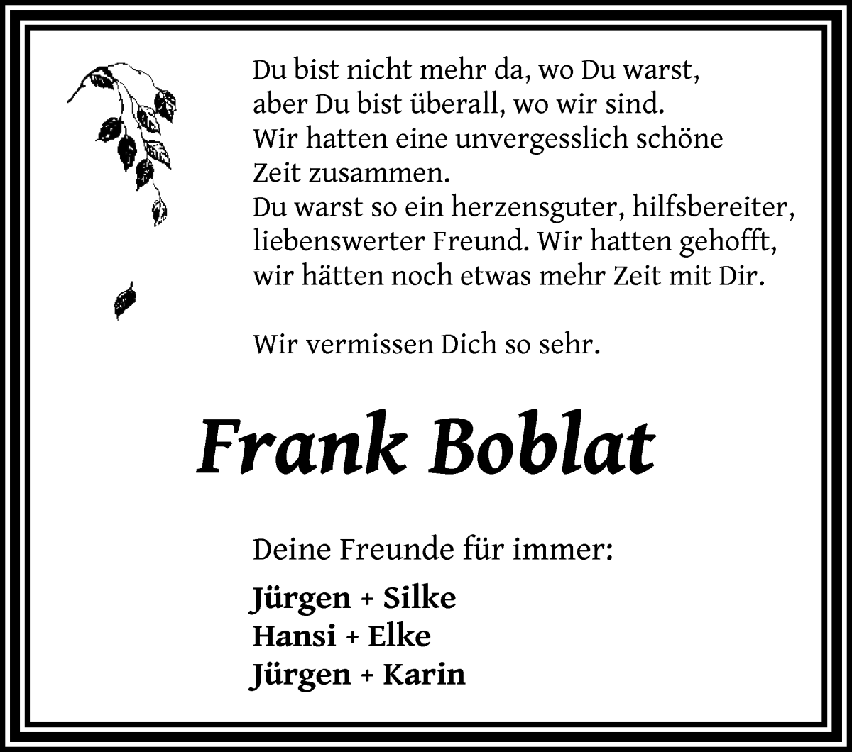 Traueranzeige von Frank Boblat von Achimer Kurier/Verdener Nachrichten