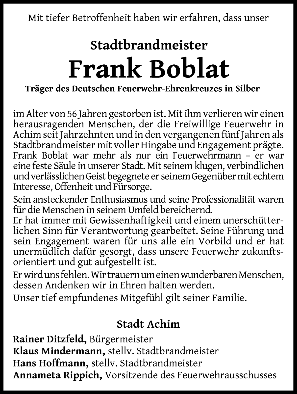 Traueranzeige von Frank Boblat von Achimer Kurier/Verdener Nachrichten