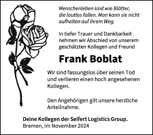 Traueranzeige von Frank Boblat