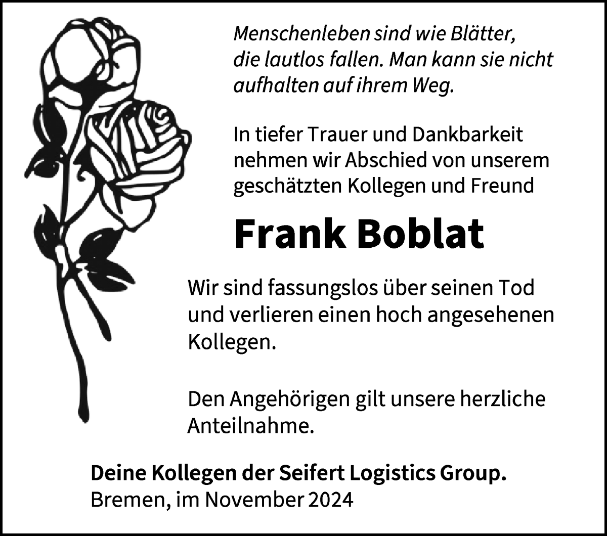 Traueranzeige von Frank Boblat von WESER-KURIER