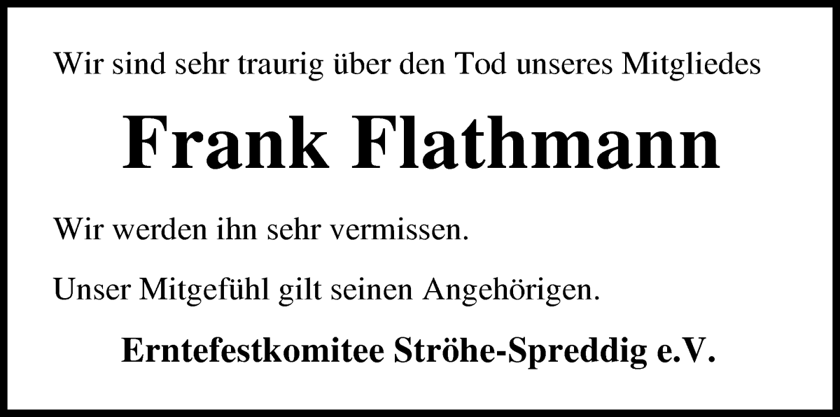 Traueranzeige von Frank Flathmann von Osterholzer Kreisblatt