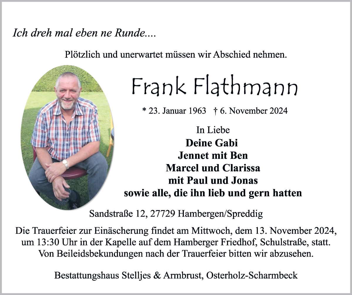 Traueranzeige von Frank Flathmann von Osterholzer Kreisblatt