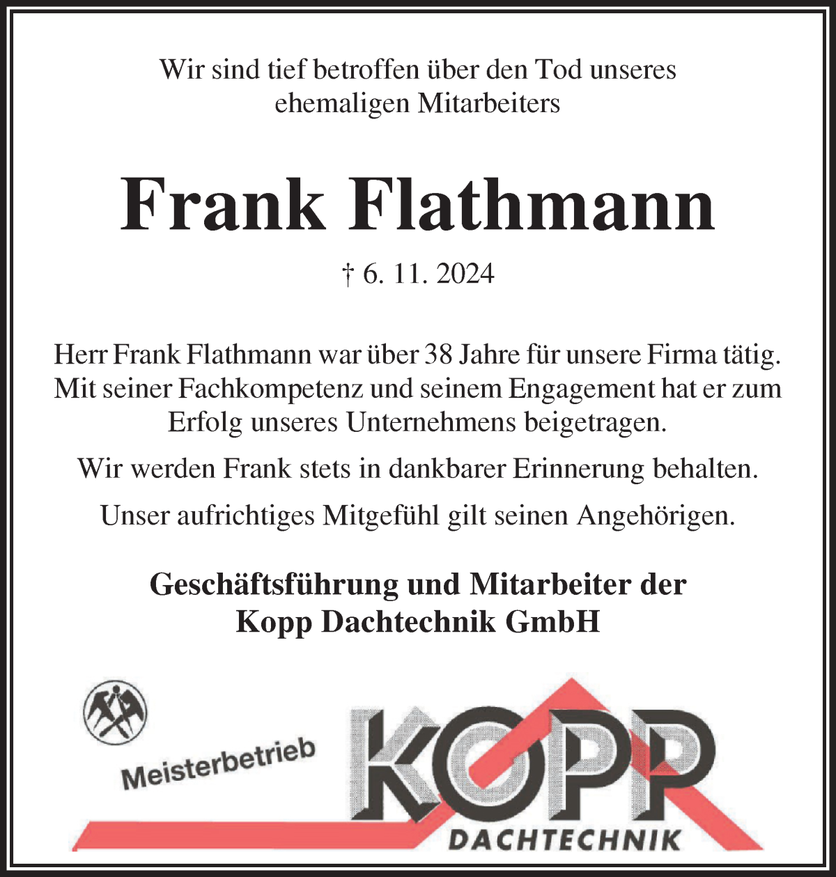 Traueranzeige von Frank Flathmann von Osterholzer Kreisblatt