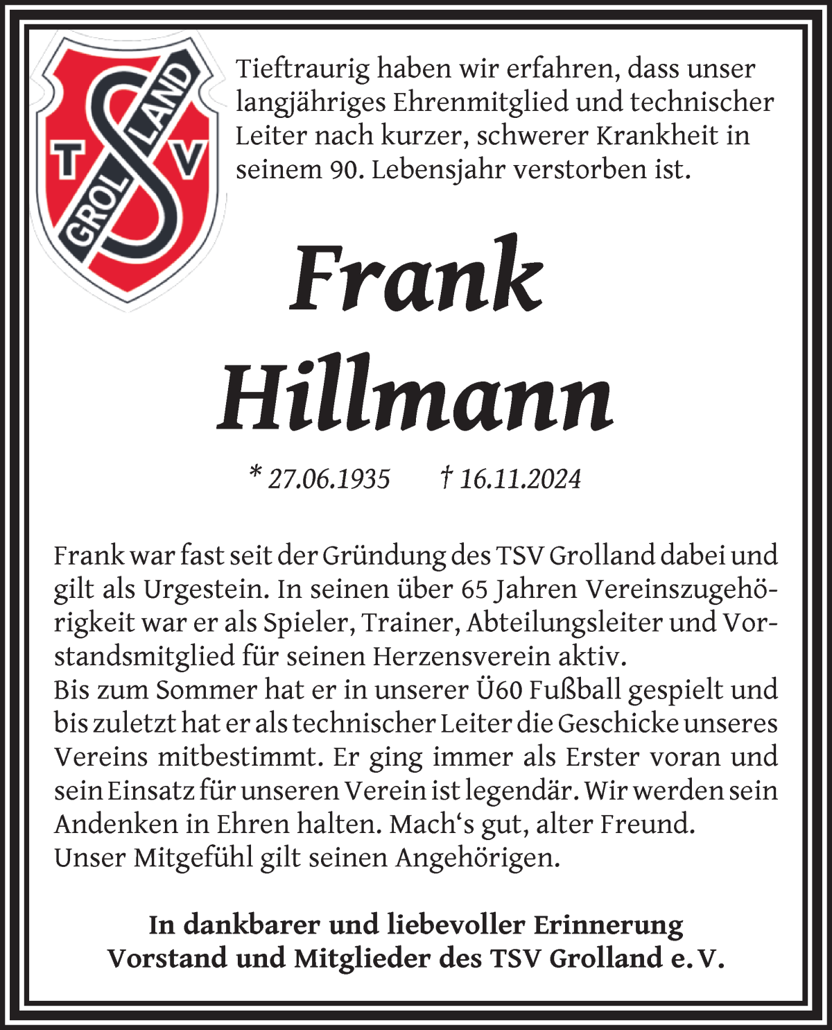 Traueranzeige von Frank Hillmann von WESER-KURIER