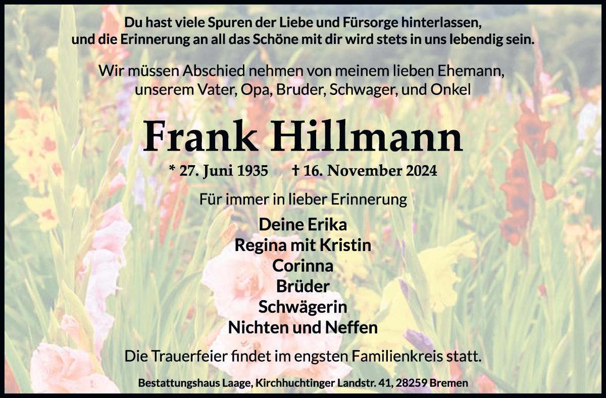 Traueranzeige von Frank Hillmann von WESER-KURIER